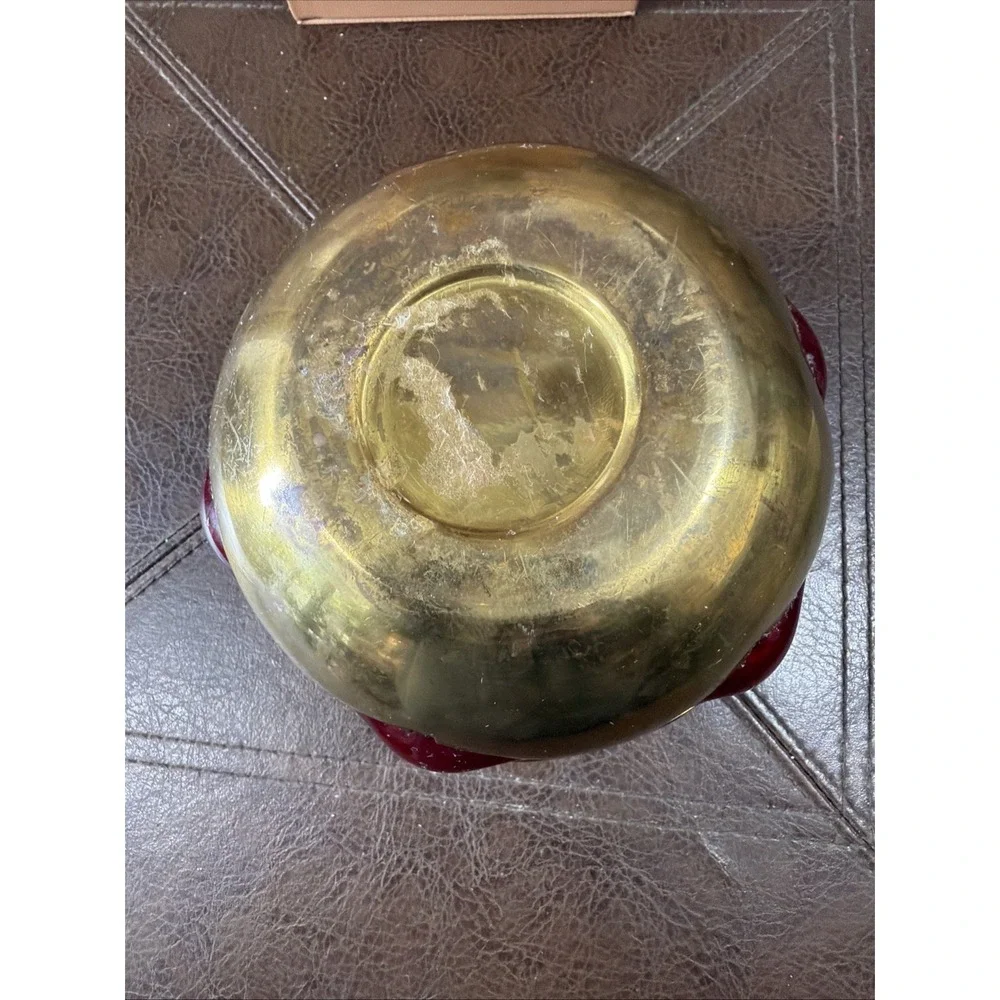 Vintage‎ Brass Ruby Red Glass Christmas Tree Votive Candle Holder Bowl 5.5